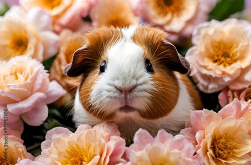 Beautiful sight of a cute brown guinea pig in a beautiful flower garden.