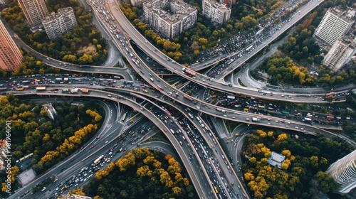 A busy city street with a lot of traffic and a lot of buildings