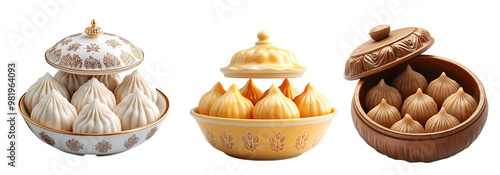 Traditional Indian Modak Sweets in Decorative Bowls isolated white background,Png photo