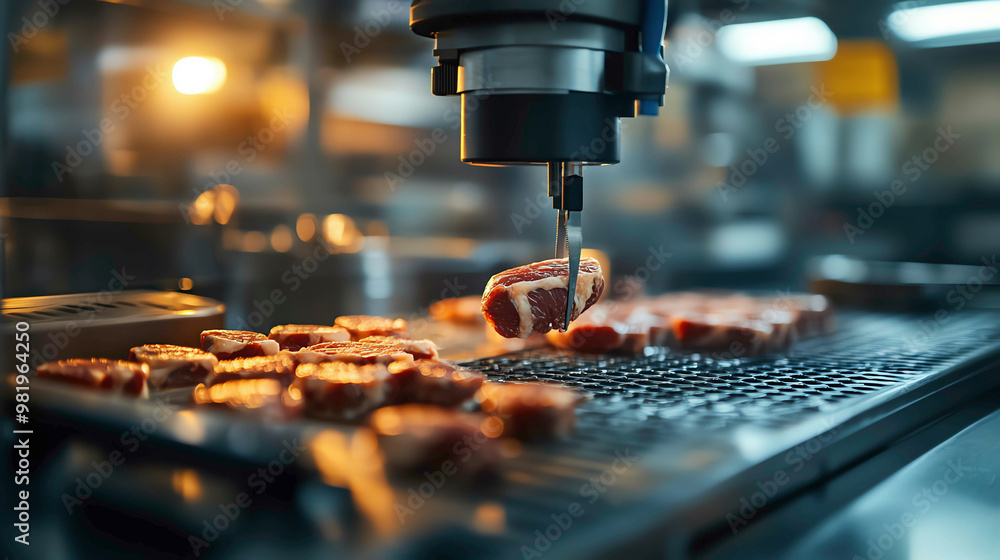 Automated meat processing system analyzing cuts for precision and quality, Food technology, Meat processing automation Automated meat processing system analyzing cuts for precision and quality, Food technology, Meat processing automation