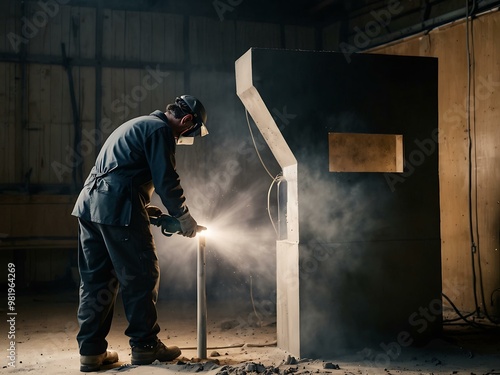 Worker operating a sandblaster to prepare metal surfaces for painting. photo