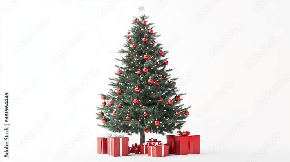 Christmas tree with decoration and gifts on white background Christmas tree with decoration and gifts on white background