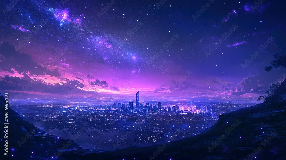 A dark city with purple and blue lights under a starry night sky A dark city with purple and blue lights under a starry night sky