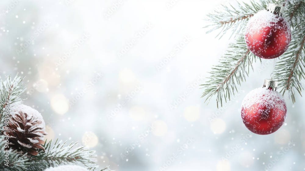 A high-key image of a winter wonderland scene, fir branches with red balls captured in soft focus, the background snowy and bright, broad space on the left for promotional text. transparent background