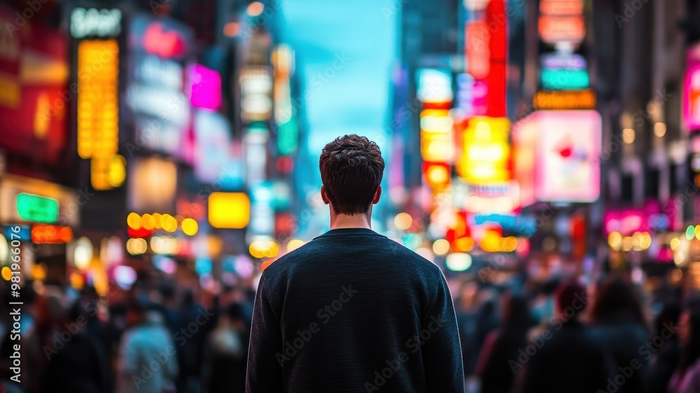 A lone figure gazes at the vibrant lights and bustling crowd in a busy urban street, capturing the essence of city life. A lone figure gazes at the vibrant lights and bustling crowd in a busy urban street, capturing the essence of city life.