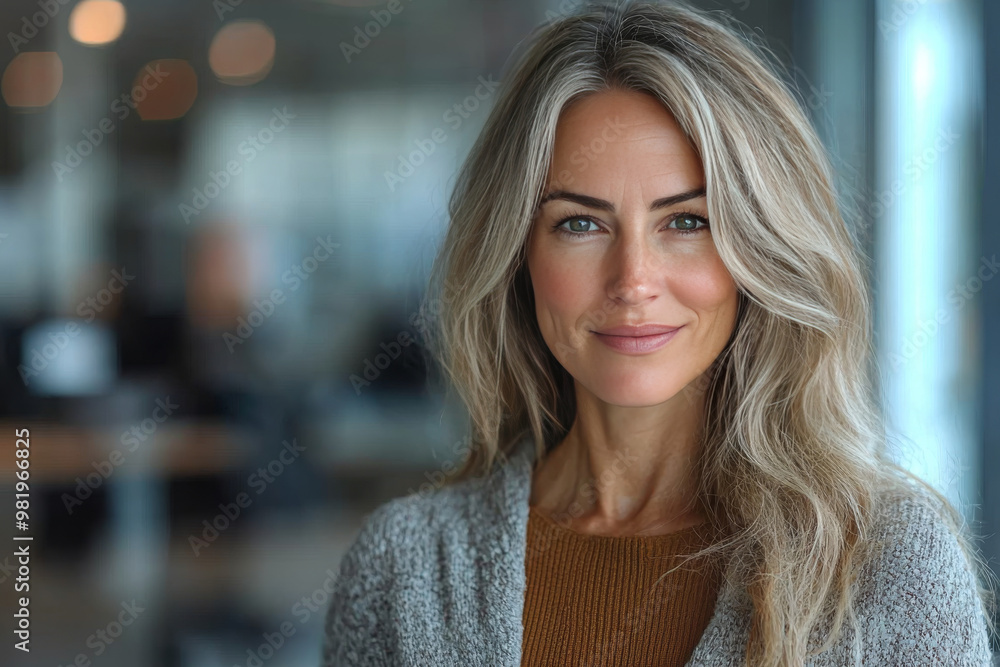Smiling woman with long blonde hair in a casual setting. Smiling woman with long blonde hair in a casual setting.