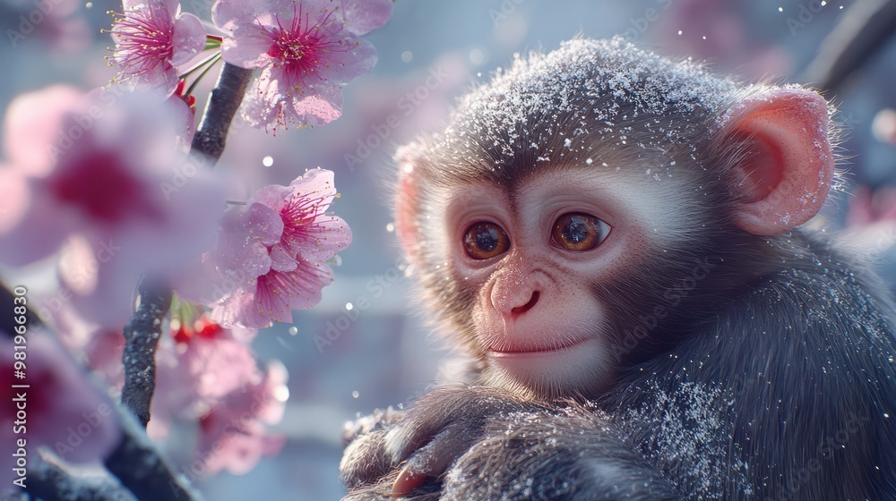 Fototapeta premium AI generates a realistic illustration of a 3d Mongkey In Cherry Blossom and Fine Snow transparent background