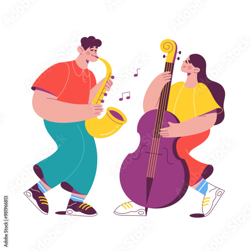 Man with a saxophone and a woman with a double bass play music