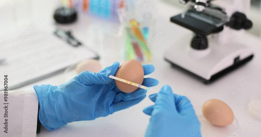 Laboratory technician checks quality of eggs using test strip Laboratory technician checks quality of eggs using test strip