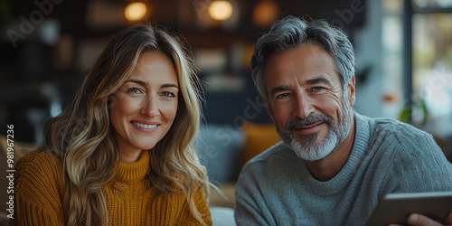 A couple smiles brightly at the camera.