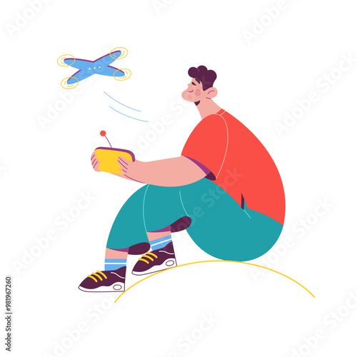 Man with remote flying a drone