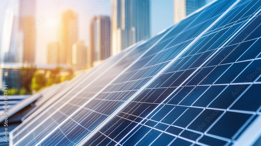 Fototapeta premium Close-Up of Solar Panels on Futuristic Building in Megacity with Vibrant Sunlight