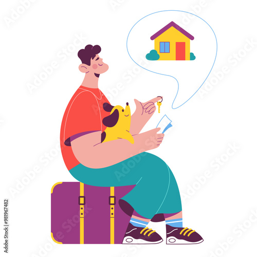 Man with a dog and keys in hands looking at the dream house