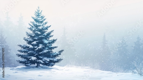 Beautiful Christmas tree in winter landscape, illustration. space for text transparent background