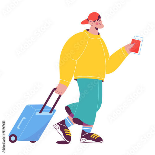 Man is going on a trip with a suitcase and a passport