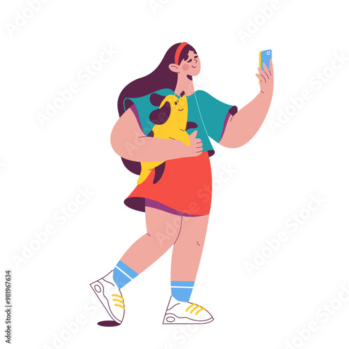 Girl with a dog taking selfies