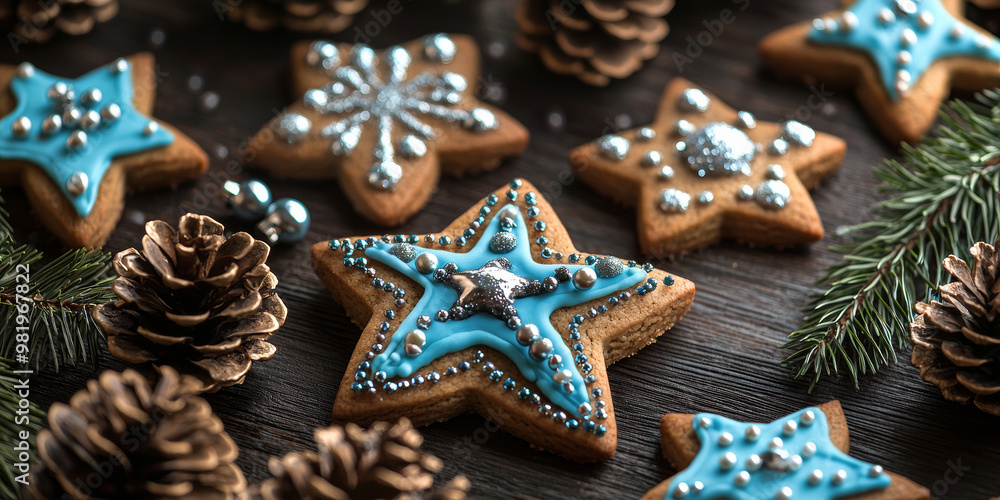 Christmas gingerbread cookies in the shape of stars, generative AI Christmas gingerbread cookies in the shape of stars, generative AI