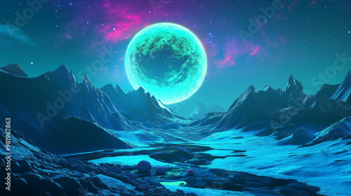 An alien planet in a futuristic fantasy landscape often features a breathtaking mix of vibrant colors and unusual terrain. Imagine vast expanses of neon-lit mountains, glowing rivers, and unusual flor