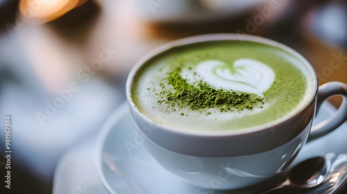 A closeup of a cup of green tea matcha latte in a white cup with powder, latte art, hot green tea, milk, soy milk, traditional beverage with stock.