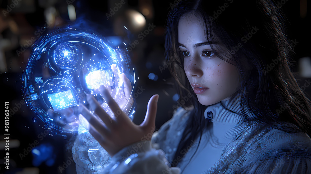 Naklejka premium Woman with a glowing sphere in a dark space