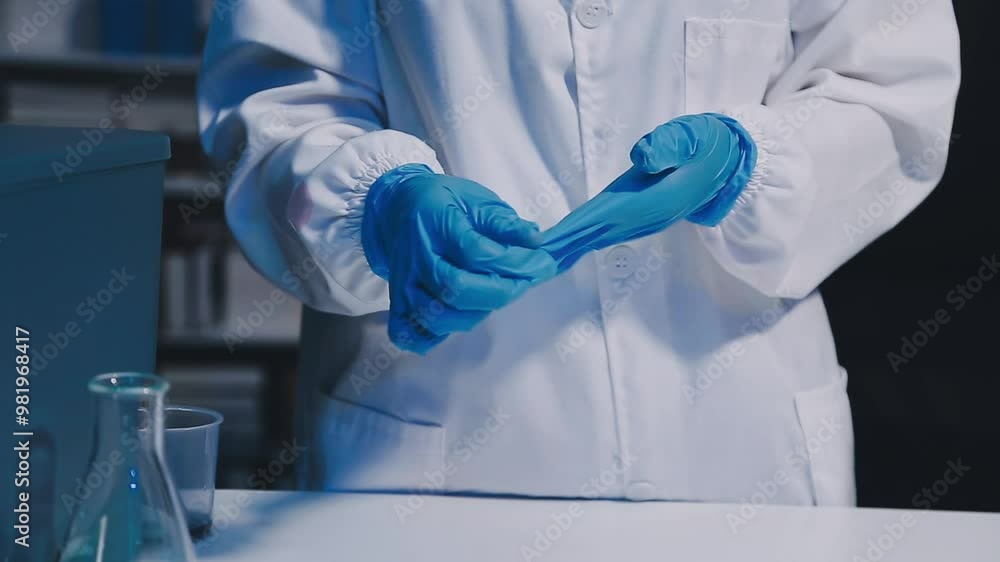 Close-up of a doctor in blue uniform, on a gray background, in a bandage, pulls a blue glove on his arm. Close-up of a doctor in blue uniform, on a gray background, in a bandage, pulls a blue glove on his arm.