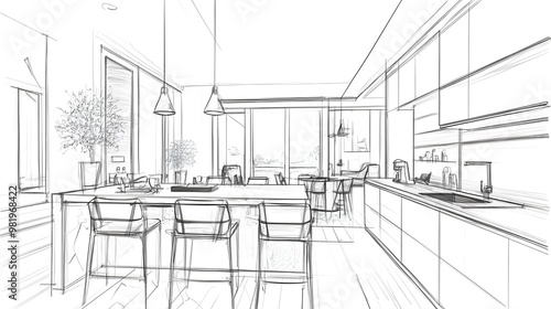 An interior sketch outlines the blueprint design of a kitchen, featuring modern furniture and an island.