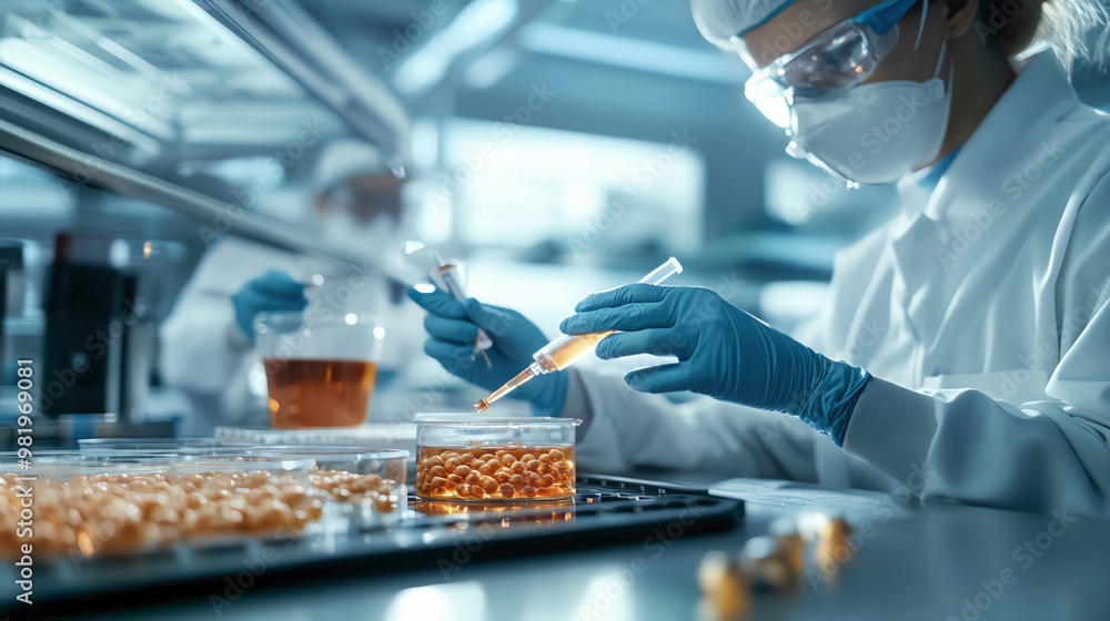 Engineers testing food additives for health benefits in a research facility, Food science, Additive technology Engineers testing food additives for health benefits in a research facility, Food science, Additive technology