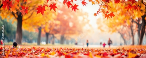 A serene autumn scene featuring vibrant orange leaves, softly falling onto a park path, inviting peaceful strolls. photo