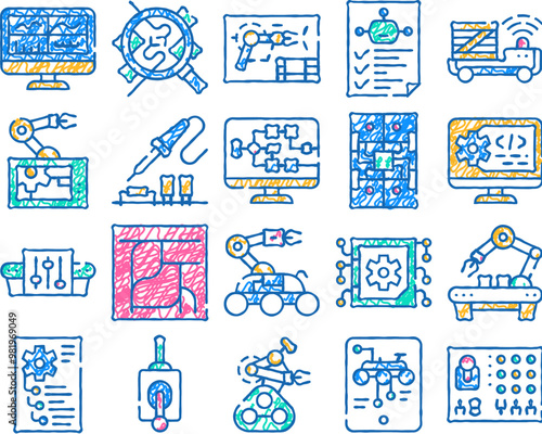 automation engineer doodle icons set vector. sketch line art iron solder soldering electronic microcircuit and remote control, robot and rover engineer. color illustrations