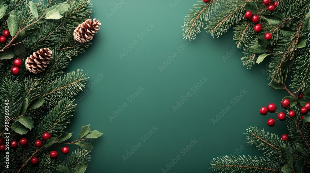 Christmas branches and decorations on green background with copy space. created with Generative AI. transparent background Christmas branches and decorations on green background with copy space. created with Generative AI. transparent background