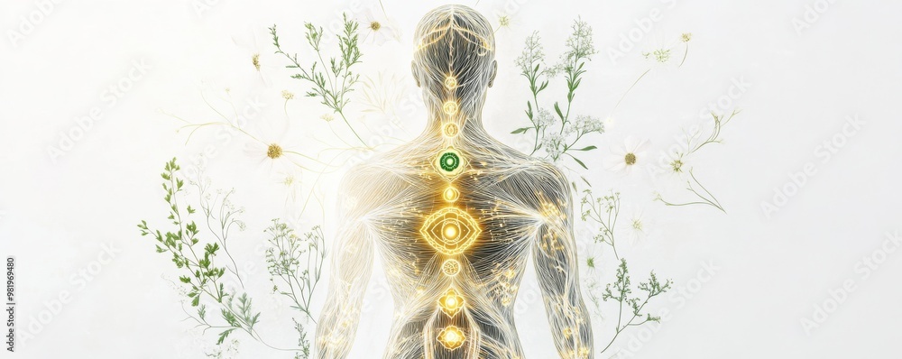 A serene illustration of a human figure with glowing energy centers and botanical elements, symbolizing wellness and harmony. A serene illustration of a human figure with glowing energy centers and botanical elements, symbolizing wellness and harmony.