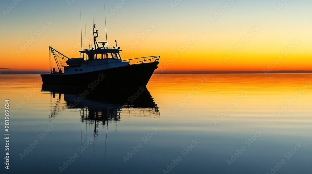 silhouette of sport fishing boat reflecting on calm water silhouette of sport fishing boat reflecting on calm water