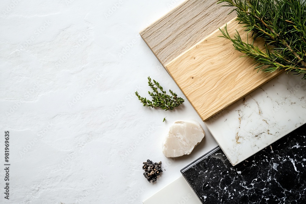 Flat lay of different materials with herbs on white background. Flat lay of different materials with herbs on white background.