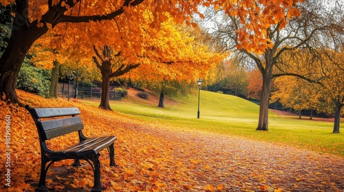 Lonely Bench in autumn Park with city view red and yellow maple trees and blue sky,Autumn forest path,Lawn in autumn city park in Sunny day,Trees with yellow leaves in park,Natural Wallpaper.