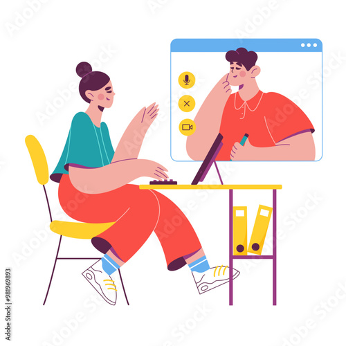 Woman conducts an online interview with a man