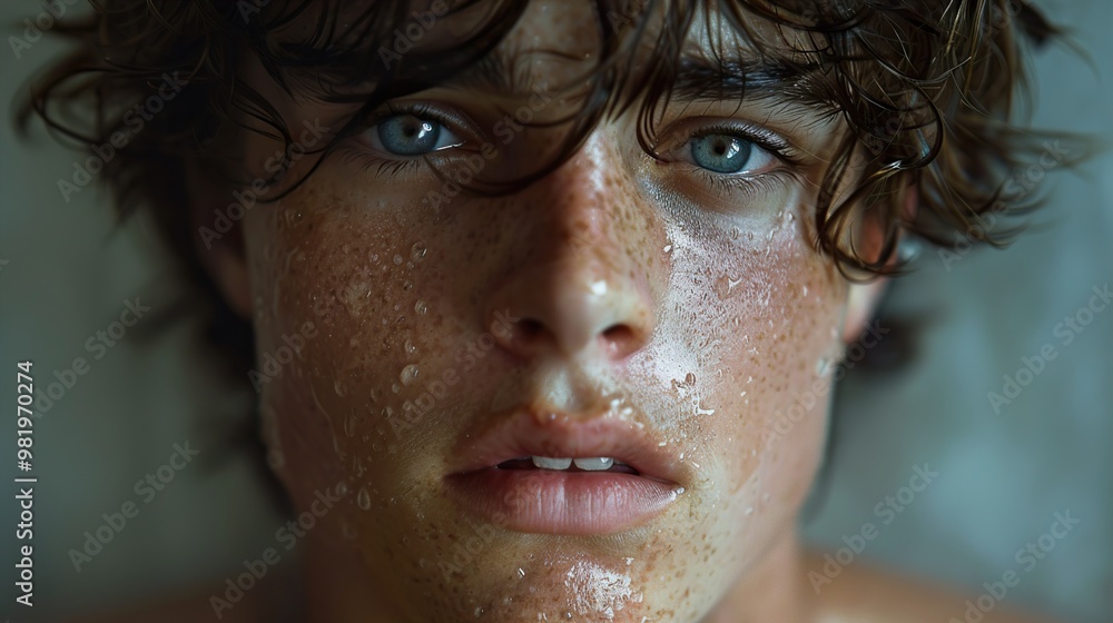 Close-Up Portrait of a Young Man with Wet Skin and Blue Eyes Close-Up Portrait of a Young Man with Wet Skin and Blue Eyes