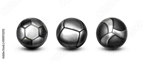 3D set of football balls isolated on white background. Vector realistic illustration of black and silver soccer, handball and volleyball accessory, sports tournament trophy, championship winner award