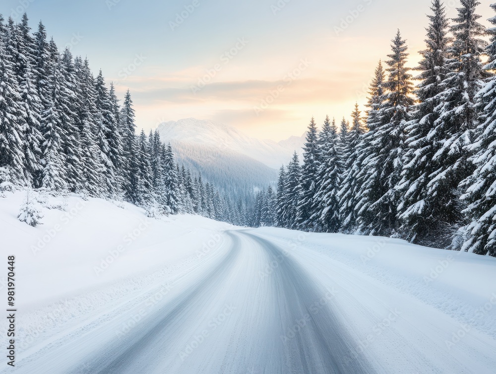 A serene winter landscape featuring a snowy road bordered by tall evergreen trees under a soft sunrise sky. A serene winter landscape featuring a snowy road bordered by tall evergreen trees under a soft sunrise sky.