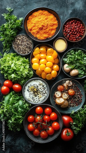 Colorful vegetables and spices are ready for cooking