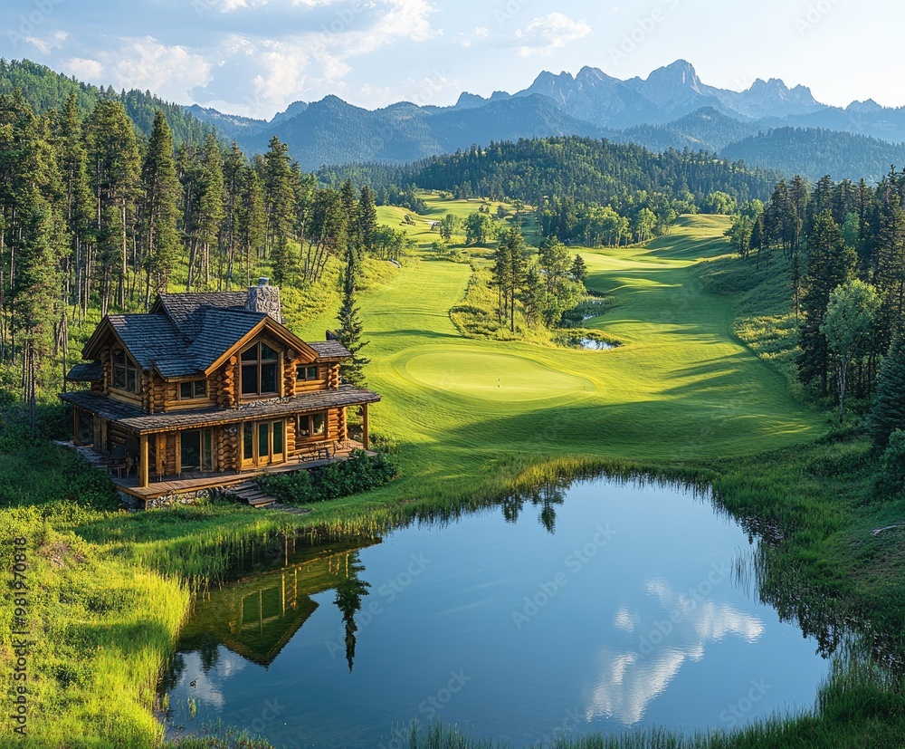 Luxurious log cabin reflecting on tranquil pond by golf course Luxurious log cabin reflecting on tranquil pond by golf course
