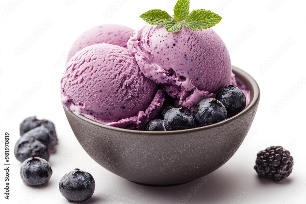 Blueberry ice cream scoops sitting in bowl with fresh berries and mint garnish Blueberry ice cream scoops sitting in bowl with fresh berries and mint garnish