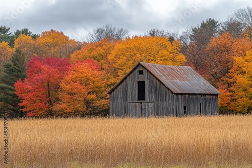 Old barn standing in front of forest with vibrant colors during autumn