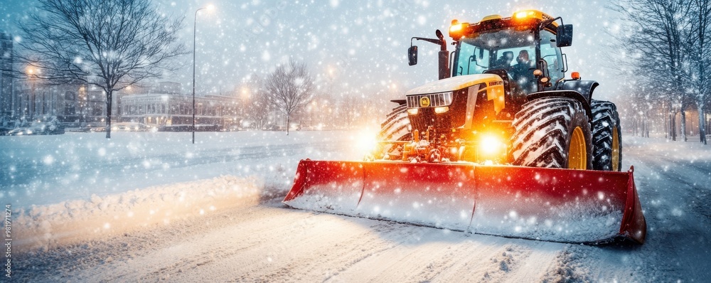 A snowplow clears a snowy road, illuminated by bright lights, showcasing winter's harsh beauty and the importance of snow removal. A snowplow clears a snowy road, illuminated by bright lights, showcasing winter's harsh beauty and the importance of snow removal.