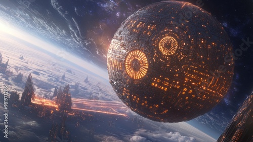 A colossal alien spaceship shaped like a sphere, covered in intricate, glowing patterns, floating silently above an Earth-like planet with massive energy beams radiating from it. photo