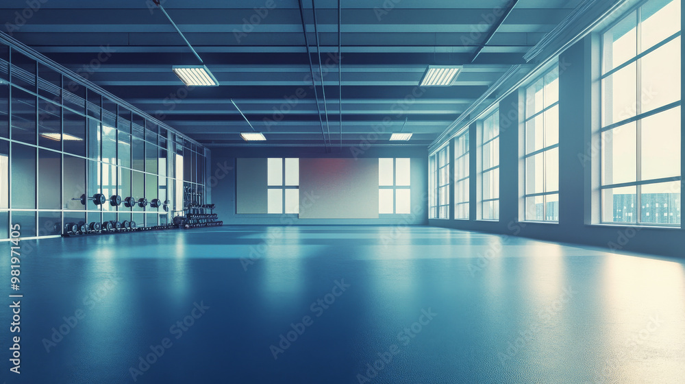 The image showcases an empty gym or fitness studio, highlighting a spacious, modern interior designed for training and exercise. The room features an array of sports equipment neatly arranged. The image showcases an empty gym or fitness studio, highlighting a spacious, modern interior designed for training and exercise. The room features an array of sports equipment neatly arranged.
