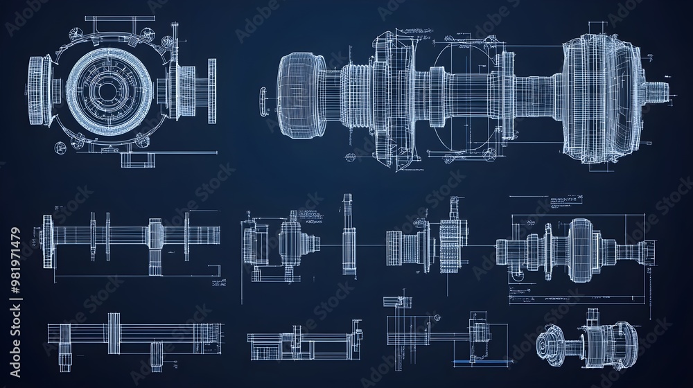 Fototapeta premium Vector rendering of industrial equipment such as valves presented in a wireframe style with layers of visible and invisible lines separated for orthographic views 