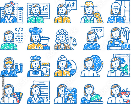 female occupation doodle icons set vector. sketch line art doctor and musician, interpreter and farmer, architect and judge woman occupation color illustrations