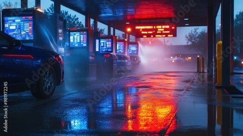 A drive-through car wash with digital screens displaying service options, offering fast and efficient cleaning with touchless water jets and air dryers. photo