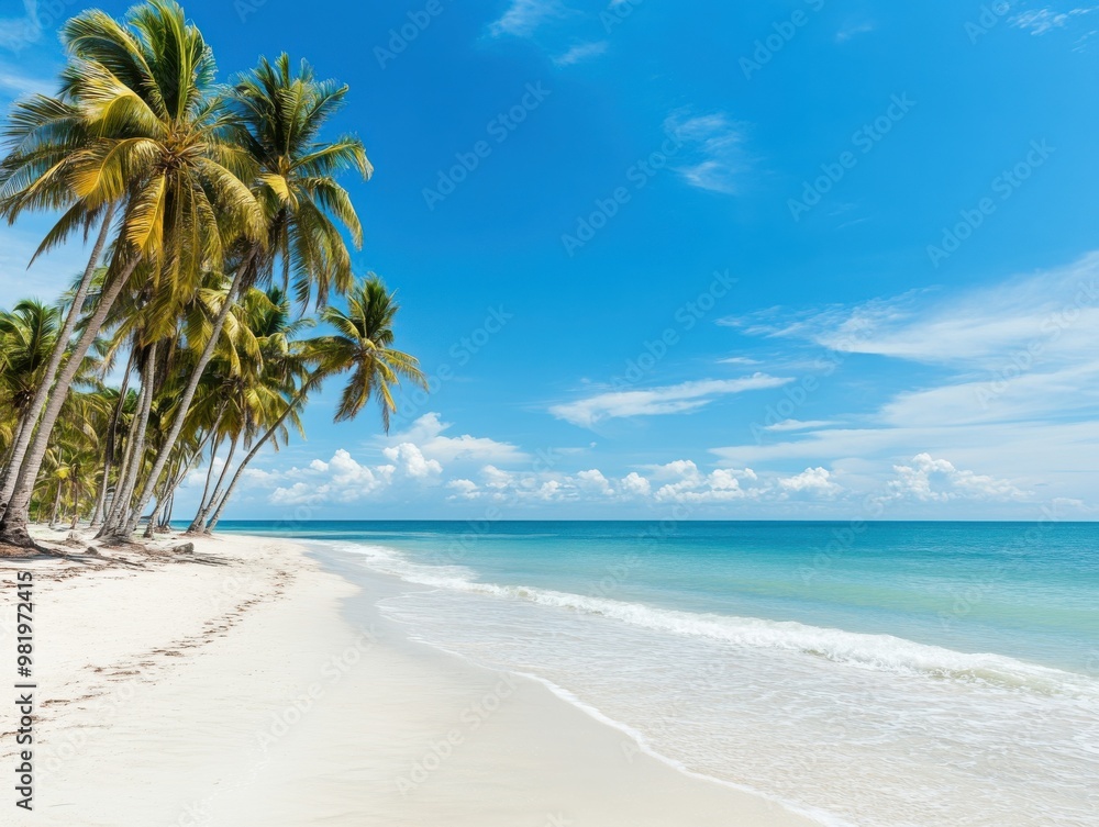 A tranquil beach scene featuring golden sand, clear water, and tropical palm trees under a bright blue sky. A tranquil beach scene featuring golden sand, clear water, and tropical palm trees under a bright blue sky.