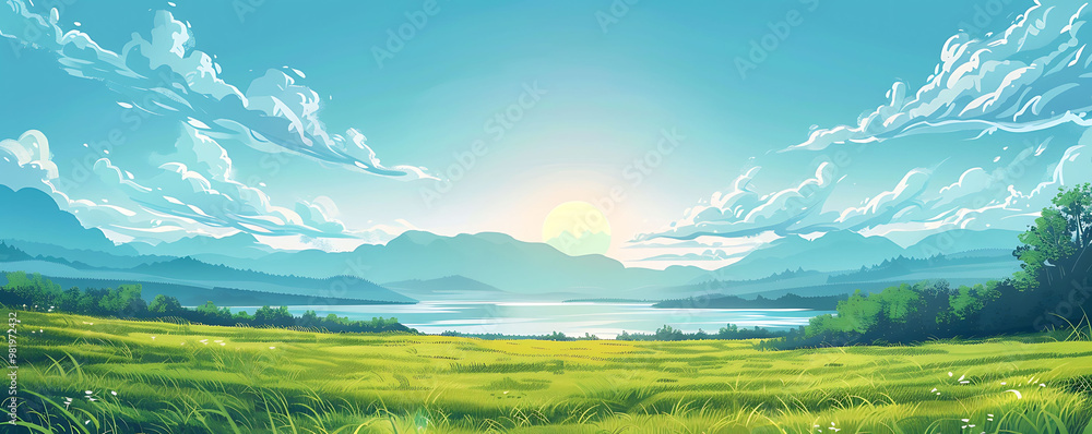 Fototapeta premium Meadow Landscape under Blue Sky